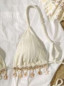Women's Solid Color Beach Vacation Textured Fabric Shell Strap Triangle Cup Bikini Set - Beige - View 3