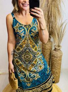 A-Line Dress With Arabesque Design - 藍色 - 查看 2