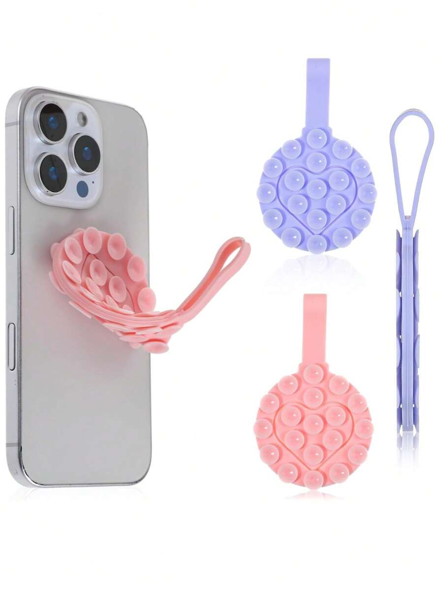 1pc Silicone Double-Sided Suction Cup Phone Case Adhesive Bracket, Strong Adhesion, Anti Slip Multifunctional Phone Bracket, Heart-Shaped Solid Color, With Hanging Ears, Easy To Clean, No Discoloration, Travel Essentials, Sports School Supplies, Vacation Camping, Vacation Essentials, Vacation Accessories - Multicolor - View 1