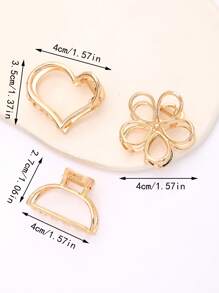 3 件/套小镂空花朵金属质感心形合金发夹，适合日常休闲、工作、学校，简约百搭的发饰，优雅休闲佩戴，适合所有季节 - 金色 - 查看 2