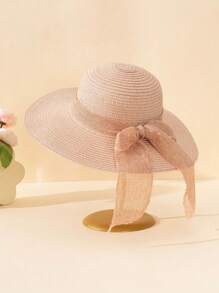 1pc Unisex Linen Ribbon Bow Decor Simple Fashion Flat-Brimmed Sun Hat, Large Brim Suitable For Summer Outdoor Daily Wear, Beach, Wedding, Children's Gift - Flat Edge Linen Ribbon - View 4