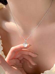 1pc S925 Minimalist Chic Niche Exquisite Geometric Circle White Agate Necklace, For Women Daily Wear, Gift