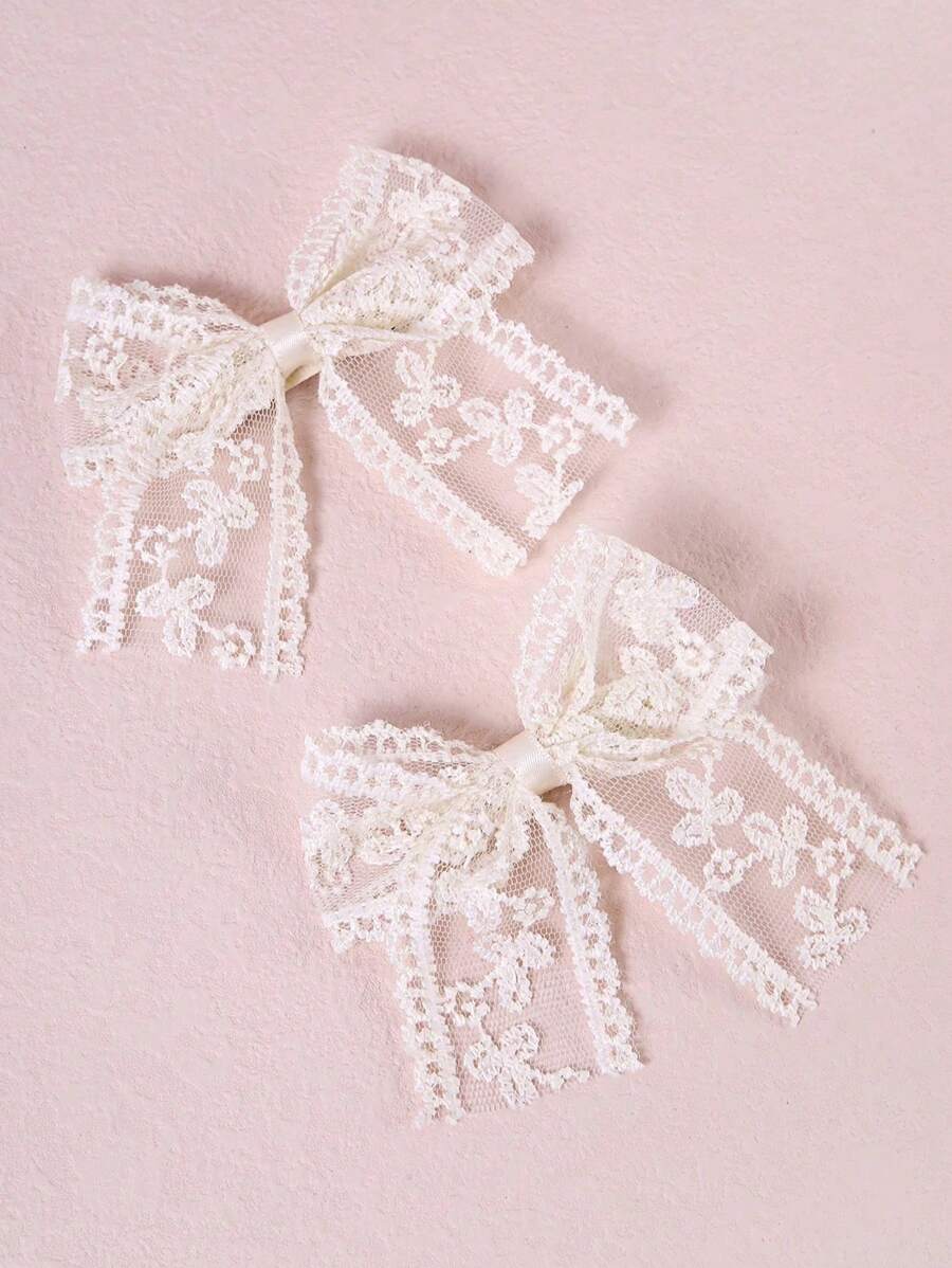 2 件套儿童可爱蕾丝边蝴蝶结发夹 - 米色 - 查看 1