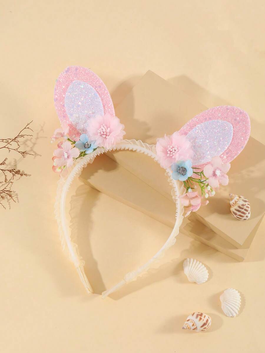1pc Rabbit Ears Headband With Small Pink And White Flowers, Nature Style