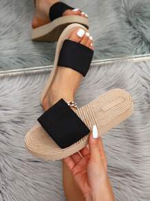 女士夏季新款凉鞋，户外度假沙滩鞋，仿亚麻绳底平底拖鞋 - 黑色 - 查看 3