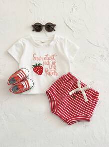 2 Stücke/Set Baby Mädchen rosa Erdbeere Stickerei Buchstaben Muster Kurzarm T-Shirt + Shorts, Sommer - Rot - Übersicht 5