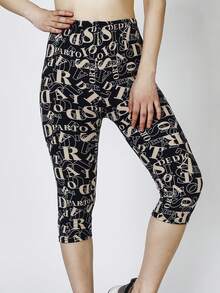 女式休闲七分紧身裤，全长字母印花，高弹力柔软面料，适合健身、训练、跑步、户外活动、室内运动、瑜伽、露营、旅行，海军蓝 - 藏蓝色 - 查看 3