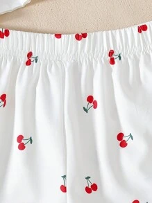 Set 2 bucăți pentru fetiță, vară, alb, cireș, imprimeu, set de tricou și pantaloni scurți fără mâneci, costum pentru călătorii de vacanță primăvara și vara