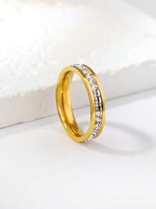 1 件奢华金色不锈钢 CZ 水钻戒指，时尚日常/婚礼/情人节配饰，适合女士 - 金黃色 - 查看 4