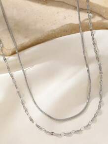 1pc Minimalist Stainless Steel Round Snake Chain Lip Chain Double Layer Necklace, Chic & Versatile For Daily Wear - Double Layer Necklace - View 8
