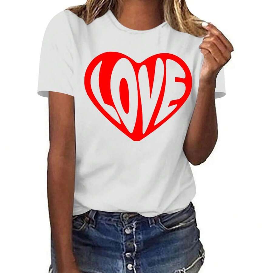Love Tee Shirt Women's Heart Print Graphic Tees Short Sleeve Tops Casual Summer T Shirt 2025 Spring Tshirt Clothes - 白色 - 查看 1