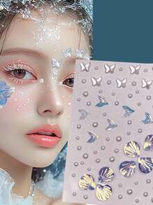 3件装激光鱼鳞立体脸贴，美人鱼尾形脸贴，适用于狂欢节、演唱会、舞台表演、化妆装饰、美甲装饰、新娘结婚眼妆拍照装饰、送朋友的生日礼物、节日礼物