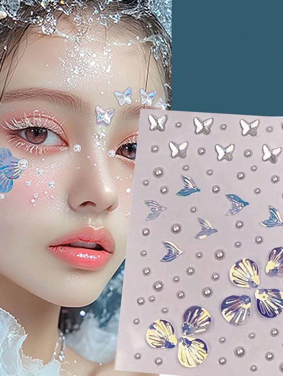 3件装激光鱼鳞立体脸贴，美人鱼尾形脸贴，适用于狂欢节、演唱会、舞台表演、化妆装饰、美甲装饰、新娘结婚眼妆拍照装饰、送朋友的生日礼物、节日礼物