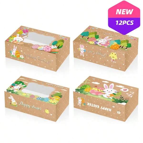 12-delige paasgeschenkdoos met kleurrijke papieren snoeppapiertjes, ei-, konijn- en kippatronen, vakantievensteropslagcontainer voor feestgunsten en geschenken