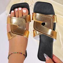 Dép xỏ ngón vuông rộng rãi cho nữ cỡ lớn, dép xỏ ngón thời trang hai tông màu đan chéo để đi trong nhà và ngoài trời, mùa hè - Vàng - Xem 3