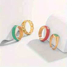 4 件时尚小众镂空水钻镶嵌彩色指节戒指套装，适合女士日常佩戴 - Golden - 查看 4