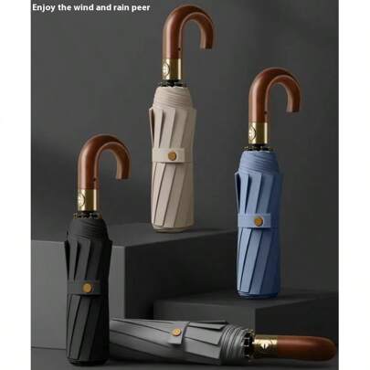 三折实木手柄自动两用伞，高级商务时尚雨伞，男女通用，夏季降温，适合海滩、旅行、春夏出行，伴娘礼物，房间、卧室装饰，度假必备。