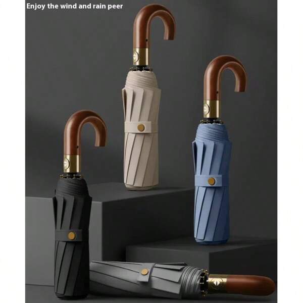 Ombrello pieghevole a 3 sezioni, con manico in legno vero, automatico e reversibile, ombrello da pioggia elegante e di qualità, adatto sia per uomo che per donna, utile per l estate, spiaggia e viaggi