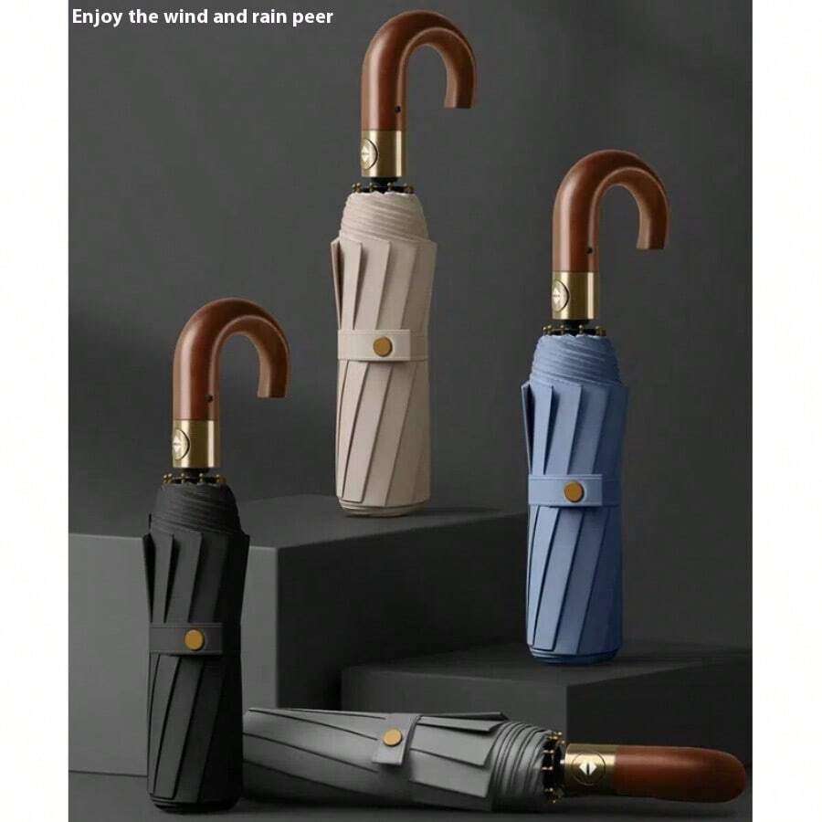 三折实木手柄自动两用雨伞，高档商务时尚雨伞，适合男女夏季避暑、沙滩、旅行