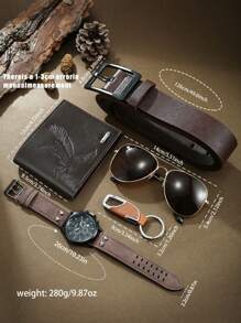 5pcs Men's Watch Gift Set, Including Watch, Belt, Wallet, Glasses, And Keychain, Luxury And Business Design To Elevate Your Style - Brown - View 4