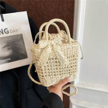 时尚百搭纯色草编手提包，休闲手提单肩包，带蝴蝶结装饰，适合旅行、购物