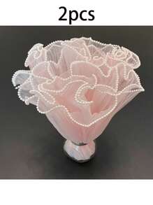6 pièces/set Bouquet de fleurs en chiffon de style vague coréen, artisanat de fleurs roses pour l'emballage-cadeau, convient pour la décoration de fleuriste, les faveurs de mariage, les cadeaux d'anniversaire - chiffon, volants, perles, rose, blanc