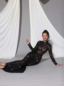 Modphy Vestido de Body entero de manga larga de malla transparente con lentejuelas y strass - Vestido de dama de honor de lujo para boda, fiesta, eventos, invitado de boda, vestido de noche