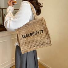 Fashionable, Versatile Solid Color Letter Print Tote Bag, Suitable For Vacation, Travel, Shopping, Simple And Casual With Large Capacity For Women