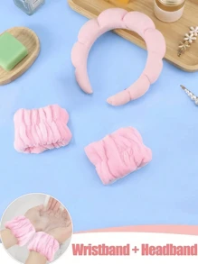 14 件纯色沐浴头带和沐浴腕带套装，洗脸头带、腕带、化妆护肤头带 - 彩色 - 查看 2