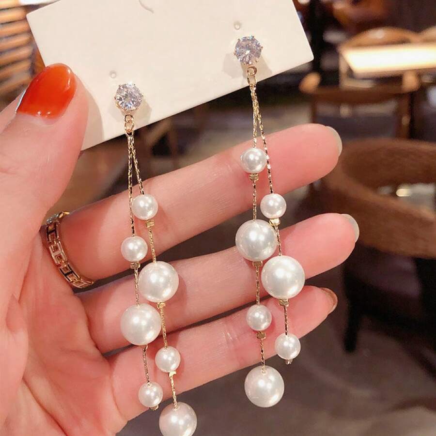 1pc Elegant Long Artificial Zirconia Asymmetrical Chain Pearl Earrings, Women Party Wedding Formal Dress Accessory, Holiday Gift