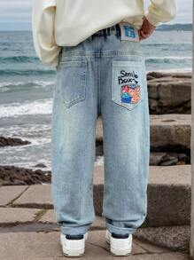 1pc Young Boy Casual Cartoon Print Elastic Waist Denim Pants, Suitable For Spring - Blue - View 4