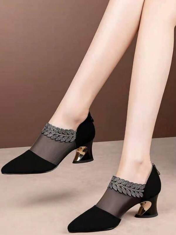 Women's Spring/Summer Fashion High Heel Pumps, Mesh Patchwork Breathable Slip-On Shoes, Rhinestone Decor Chunky Heel Dress Shoes