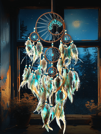 1pc Retro Turquoise Dreamcatcher With Life Tree Decorative Hanging Ornament, Colorful Feather Wind Chime Wall Decoration (Feathers Are Artificial) Gifts Birthday Graduation