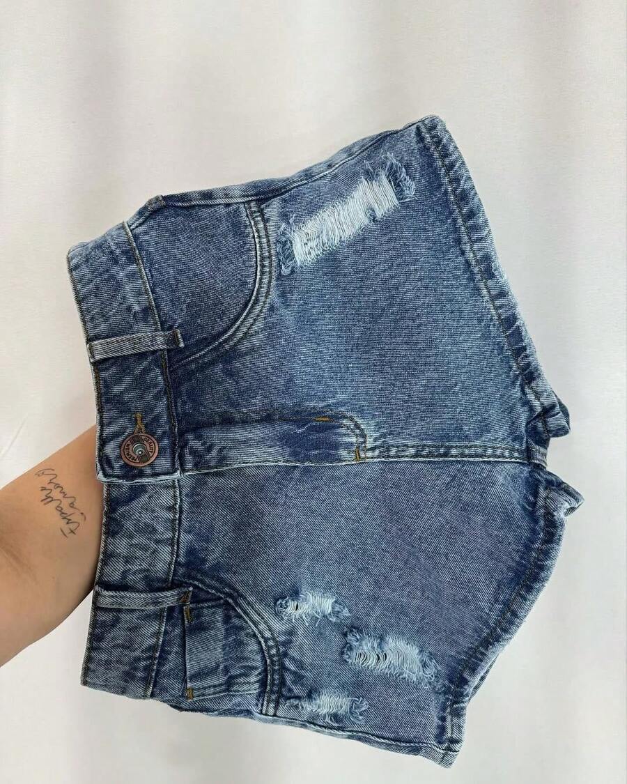 Basic Black And Gray Denim Shorts With Hem - Teal Blue - View 1