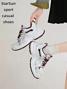 1 Pair Women's Spring/Autumn New Style Sports Chunky Chunky Sneakers, Lace-Up Mesh Breathable Platform Low Vamp Wedge Heel Casual Shoes, Lightweight Versatile Fashionable Casual Sneakers, Lace-Up, Milky White
