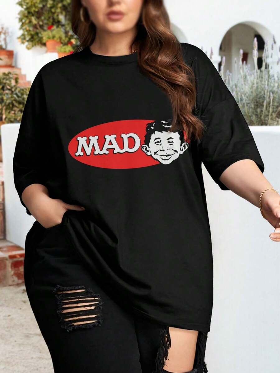 Alfred E. Neuman Plus Size Oversize Women T-Shirt Classic Mad Magazine Comic Retro Vintage Spy Vs. Spy What Me Worry? - Black - View 1