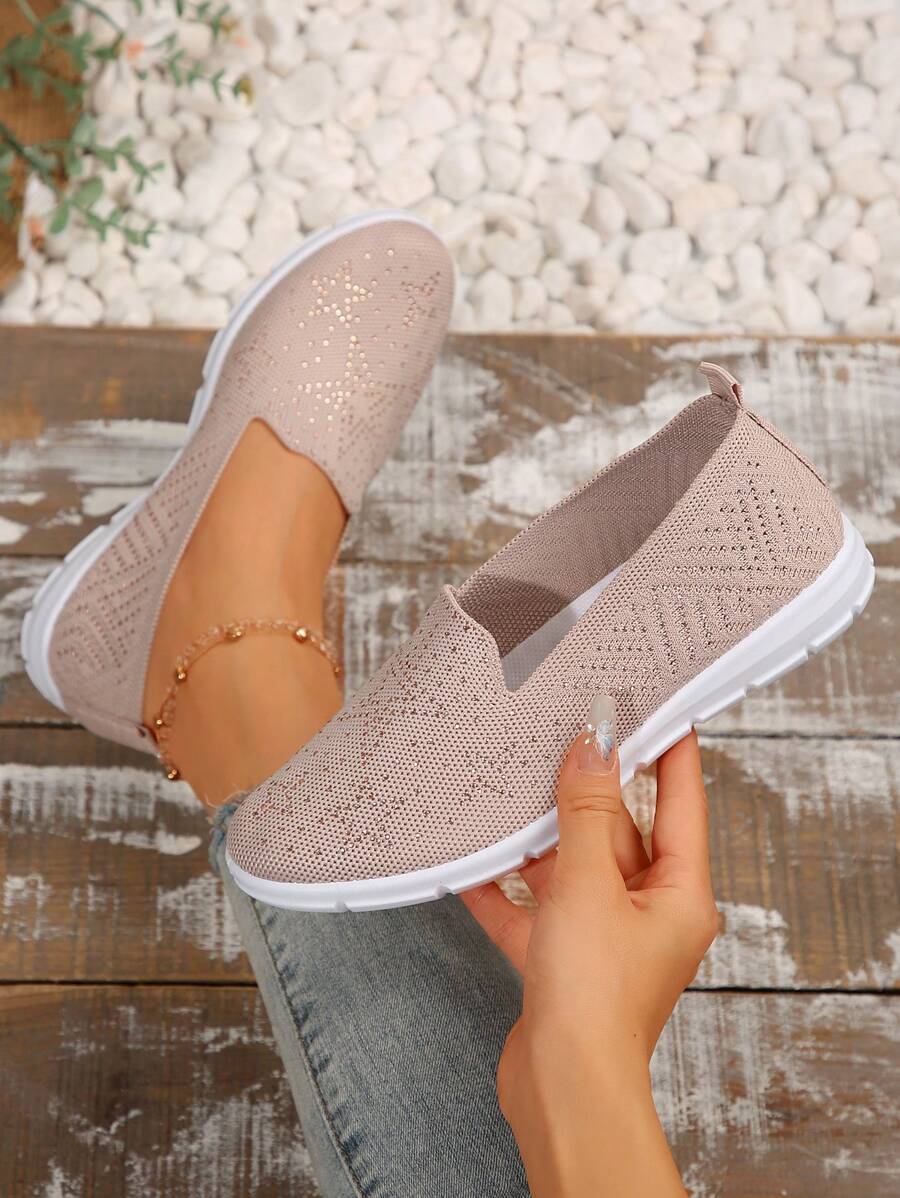 2025 Comfortable Casual Breathable Minimalist Slip-On Round Toe Flat Soft Bottom Women's Athletic Sneakers, Lightweight Breathable Hollow-Out Solid Color Versatile Walking Shoes, Spring/Autumn New Vacation Style Starry Sweet Hiking Shoes
