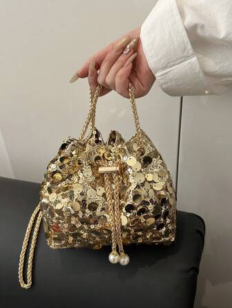 1 件链条抽绳开合 PVC 亮片闪亮金属仿珍珠装饰彩色女士水桶肩斜挎包，女士时尚礼物派对晚装，完美搭配女士舞会礼服、舞会配饰、女士亮片礼服、闪亮礼服、女士优雅礼服