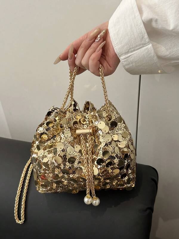 1 pièce Sac seau à l'épaule et bandoulière en PVC avec fermeture à cordon, décoré de paillettes métalliques brillantes et de faux perles colorés. Un cadeau de mode pour les femmes pour les soirées, s'assortissant parfaitement avec les robes de soirée, les accessoires de bal, les robes pailletées et les robes élégantes pour femmes