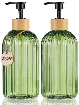 GAONLY 2 pièces Distributeur de savon vert clair de 16,9 oz avec pompe en bambou, distributeur de savon liquide pour les mains rechargeables pour la salle de bain, distributeur de savon de cuisine haut de gamme, décoration de salle de bain, décoration d'automne, retour à l'école