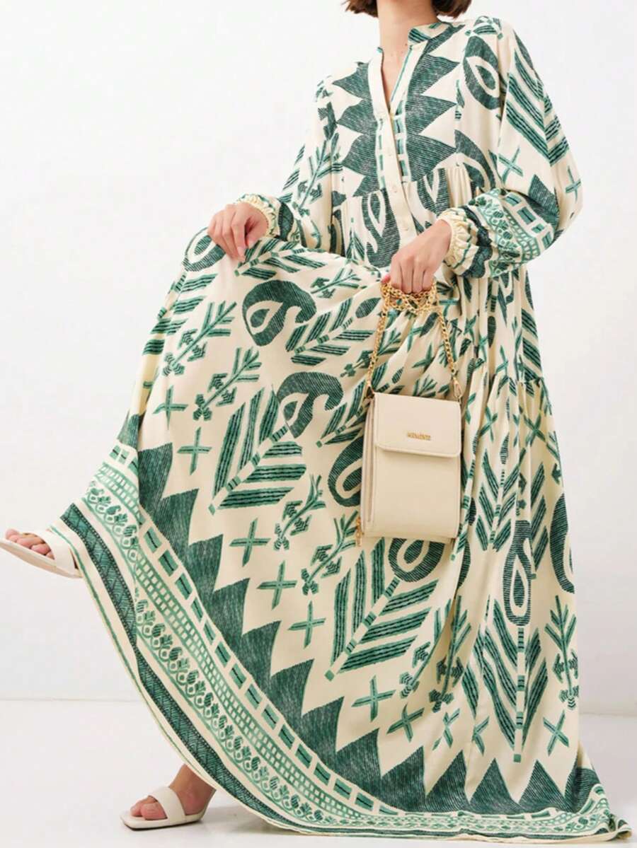 端庄的阿拉伯长裙，缺口领口，主教袖，带有漂亮的图案印花和纽扣细节 - 綠色 - 查看 1