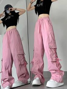Women's Loose Fit Solid Color Cargo Pants With Tie Details
