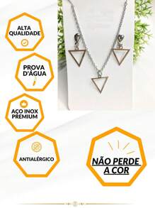 Conjunto Colar e Brinco Feminino 45cm Triângulo Vazado Prata Minimalista Aço Inox Antialérgico
