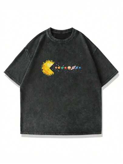 Plus Size Men Summer Casual Galaxy Print Washed Y2K Dark Style Round Neck Short Sleeve T-Shirt, Everyday