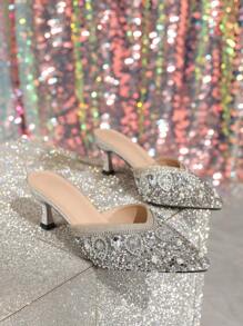 Women's Elegant And Noble High Heel Shoes, Noble High Heel Slippers, Sexy Gemstone And Sparkling Handmade Diamonds Lightweight And Comfortable For Daily Wear, Solid Color High Heels For All Seasons