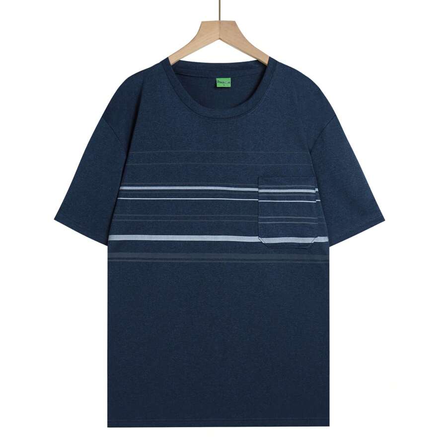 Men's Short Sleeve Shirt Striped Casual Vintage Tops With Pocket Soft Fabric - 霧霾藍 - 查看 1