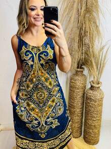 A-Line Dress With Arabesque Design - Màu xanh hải quân - Xem 5