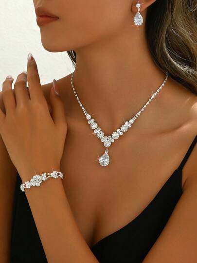 4 件套女士新娘首饰套装 - 项链、耳环、手链、优雅的菱形图案、多功能婚礼配饰，适合庆祝季节