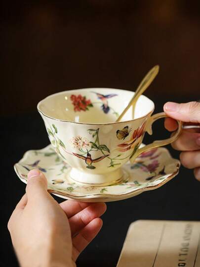 1pc Vintage Style Floral & Bird Printed Ceramic Coffee Cup With Saucer, Gold-Trimmed, Homeware Tea Set Back To School