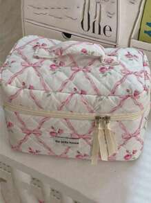 3pcs/1pc Quilted Bow & Rose Design Cosmetic Bag, Fashion Portable Makeup Bag, Multi-Functional Storage Pouch, Cute Large Capacity Toiletry Bag, Travel Organizer, Mini Makeup Brush Holder Handheld Bag, Printed Wash Bag For Lipsticks, Brushes, Skincare Products, Phones, Coins, Small Items, Suitable For Home, Gifts, Holidays And Festival Like Halloween, Christmas
